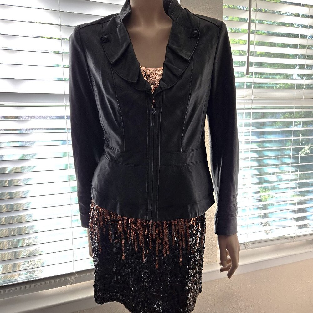 Fitted leather Jacket L Black Peplum Hem Zip WHBM White house black market